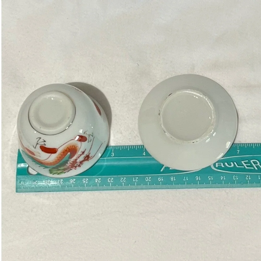 Vintage Chinese Porcelain Dragon Phoenix Tea Cup and Saucer Set of 6 Handpainted